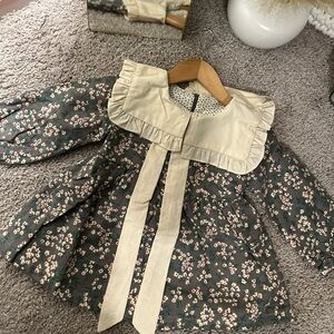 Green and Cream Ruffled Tie Front Dress with Cap Bishop Sleeves